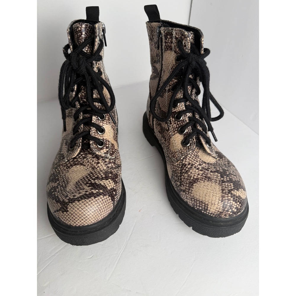 Soda Snakeskin Combat Boots Women 7 Brown Beige Faux Leather Lace Up Side Zip